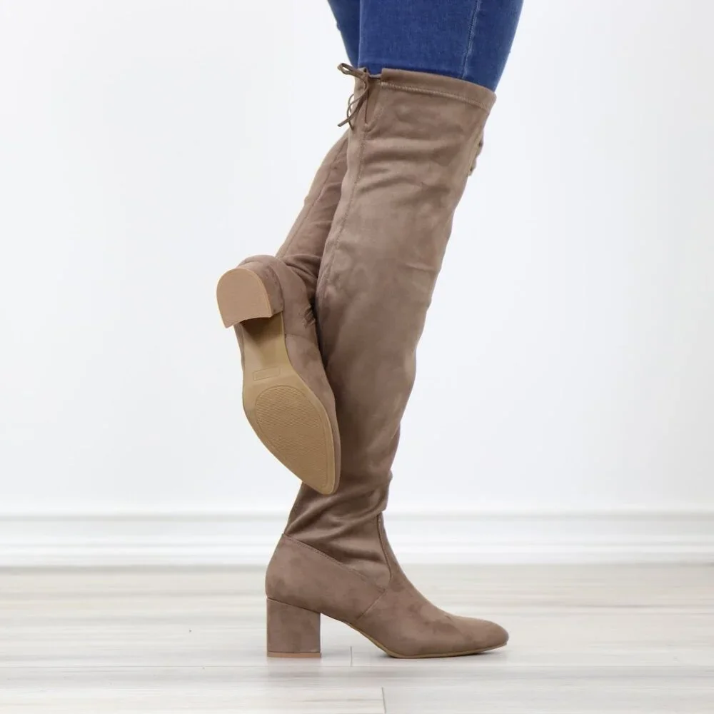 Taupe Over-the-Knee Boots Faux Suede Low Block Heel Tie Back